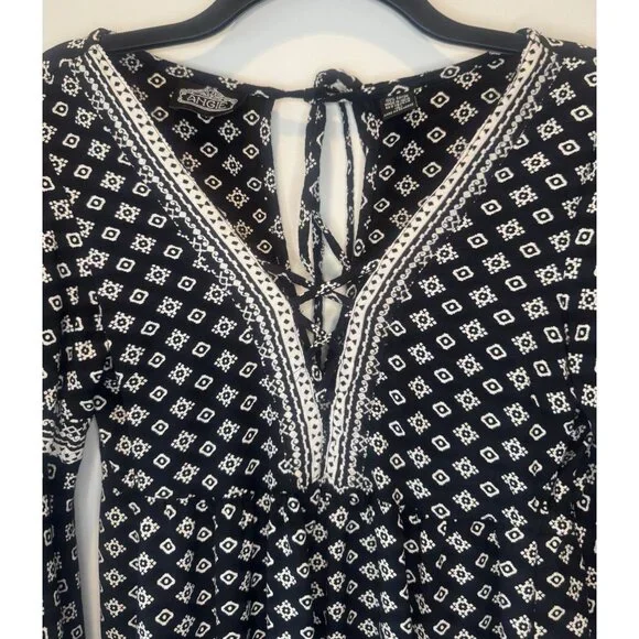 Womens Black White Bell Sleeve Mini Dress Large Boho Peasant Hippie Festival - Picture 2 of 9